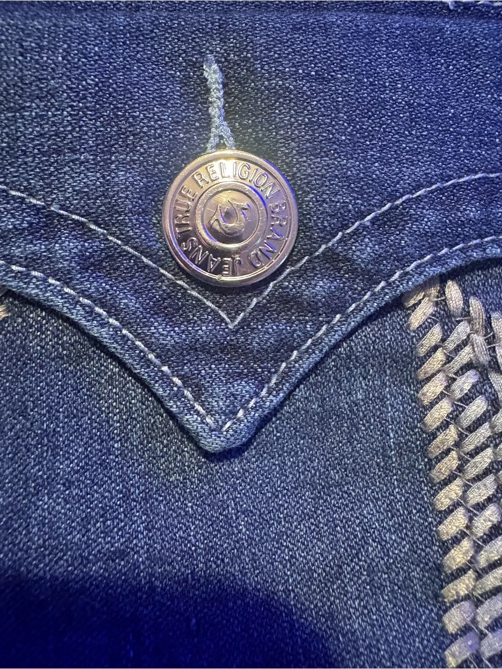 True Religion Men's Blue Bootcut Jeans with Signature Pocket Embroidery(07-10)